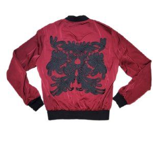 ✴Privy Red Burgundy Chinese Asian Biker Full Zip Embroidered Bomber Jacket✴